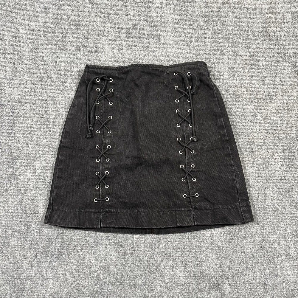 Top Shop Denim Mini Skirt Size 2 Black Lace Front Grunge Festival Fall Goth Moto